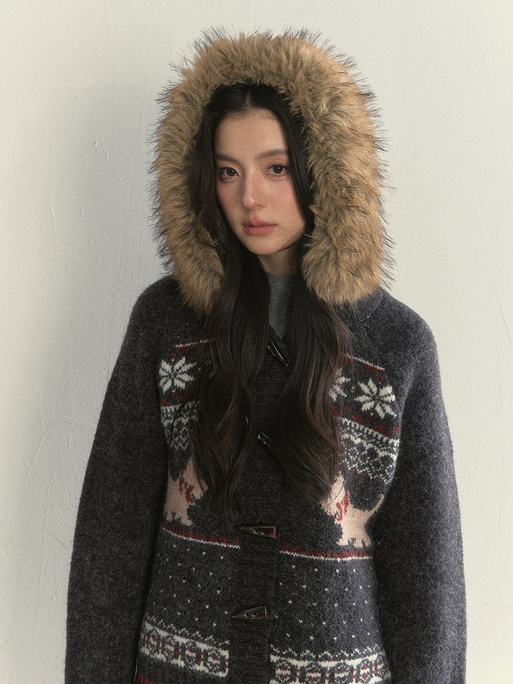 Collar Knit Sweater Button Vintage with Grey Fur Toggle