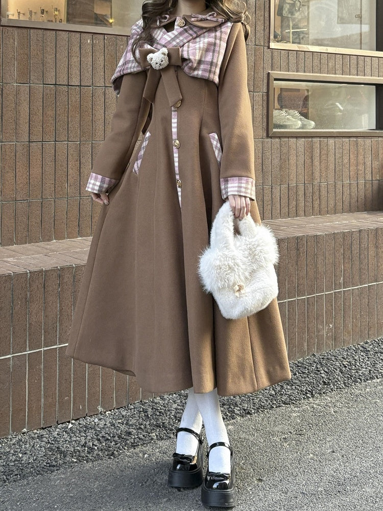 Brauner süßer Vintage-Mantel im Preppy-Stil mit Schleifenakzent und karierten Schaldetails