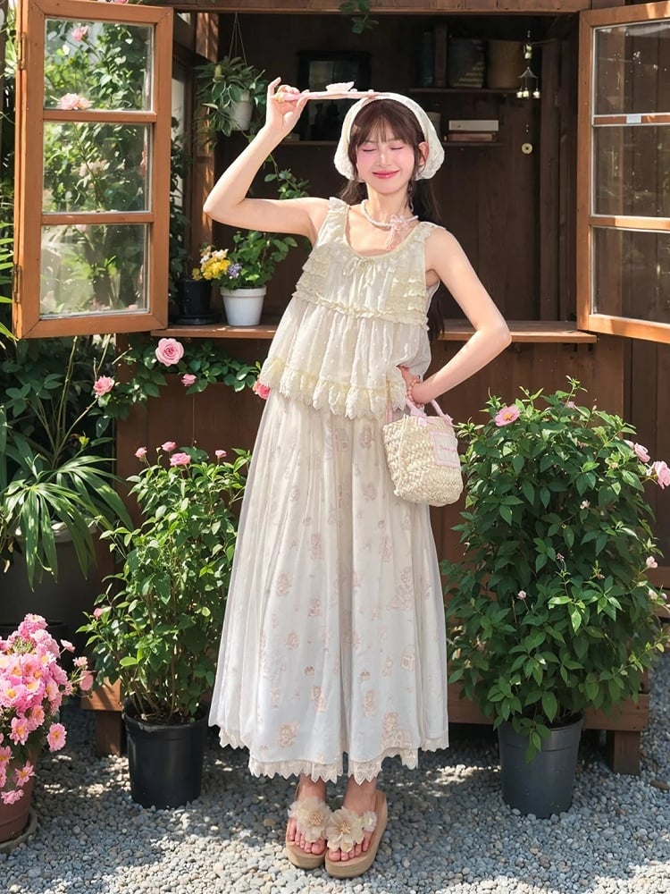 Mesh Overlay Beige Elastic Waist Cute Cartoon Print Skirt with