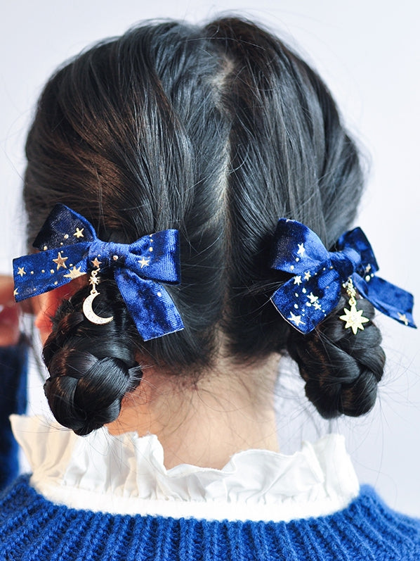 プリントムーンリボンブルーヘアクリップスターチャーム