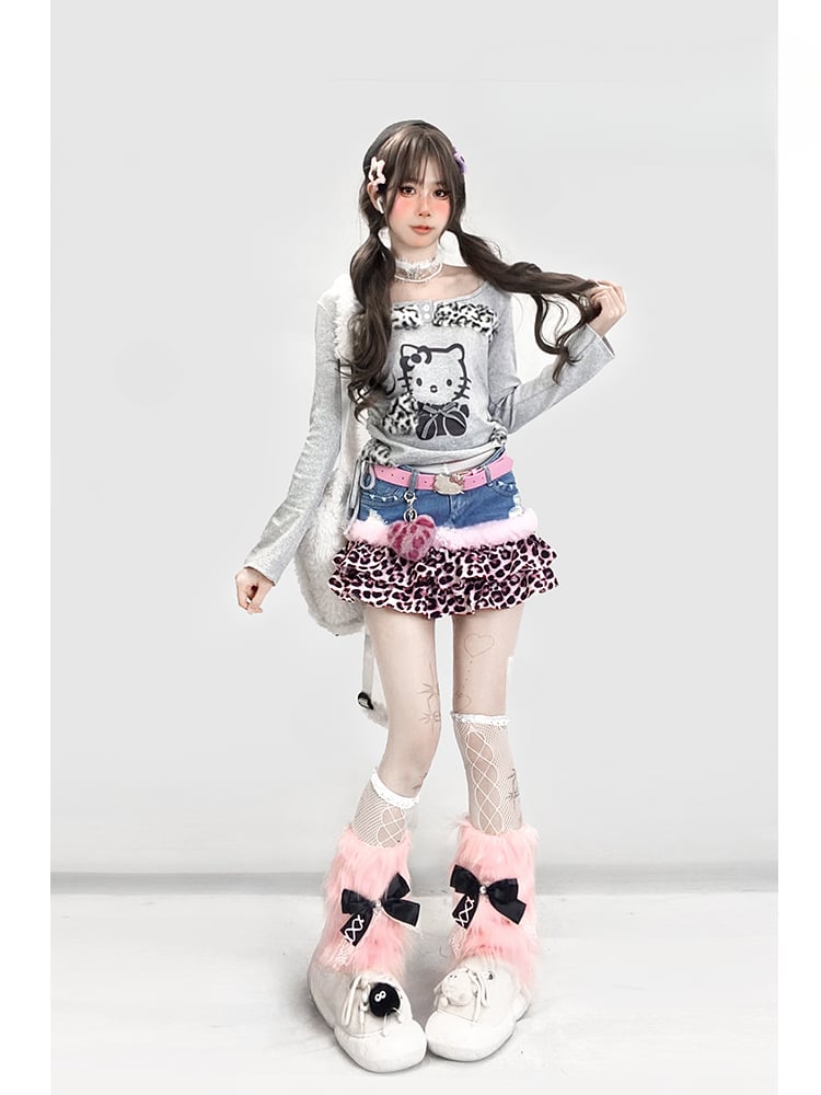 Cartoon Print Square Neckline Grey Top with Leopard Trim