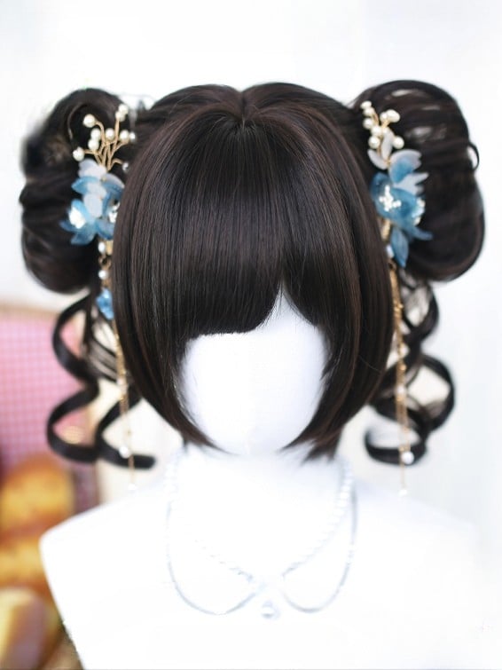 With Double Wig Short Tea 20-25CM Black + Length Clips Claw Straight Bangs Wavy