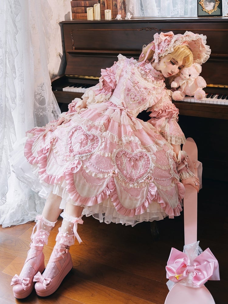 Rosa Hanayome Rosette Stickerei Blumen und Perlenkette Details Lolita OP Komplettset