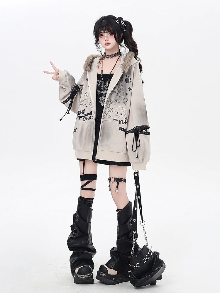 Collar Fur Punk Faux Detail with Lace-Up Coat Khaki/Black Loose