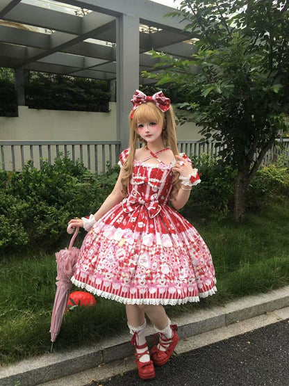 Cat Print Crimson Sweet Lolita OP Dress with Removable Crisscross Halter Straps - Pastry Chef