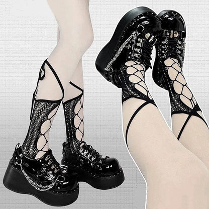 Gothic Punk Polished Black Platform Shoes with Detachable Chain, Coffin & Cross Accents