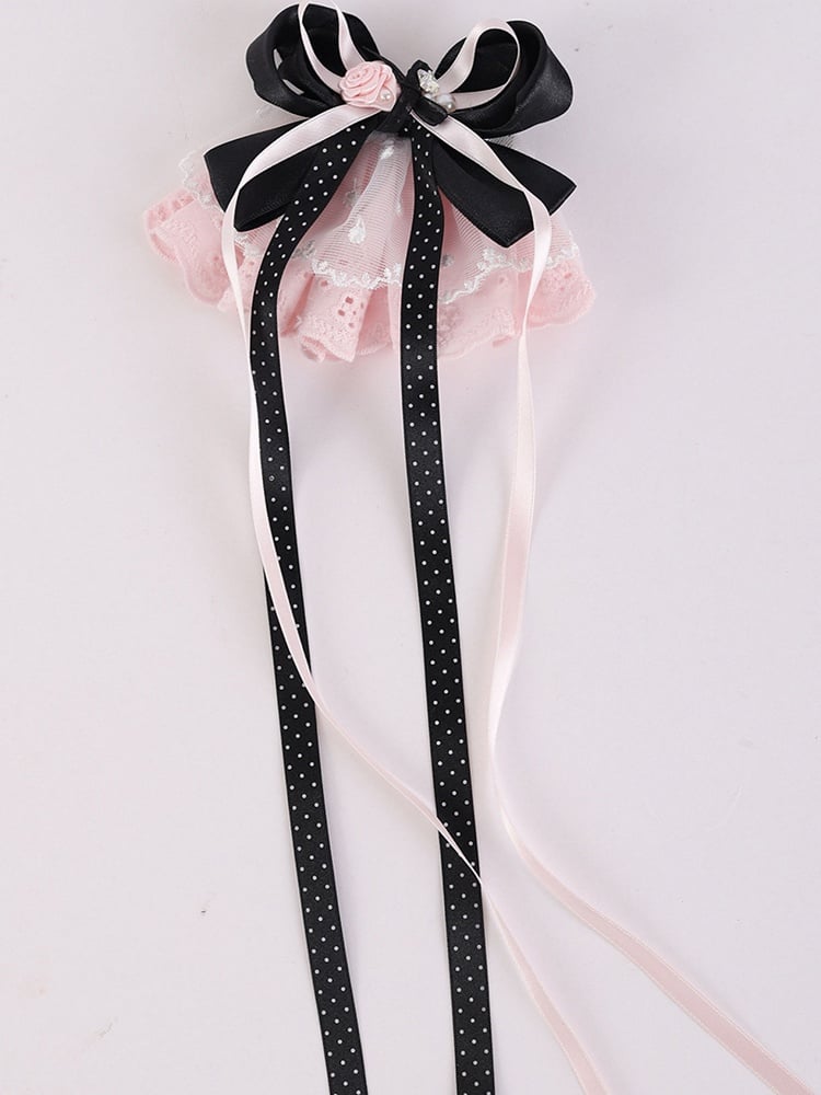 Pink Design Hairclip Black Bowknot Lolita Lace Details Rose
