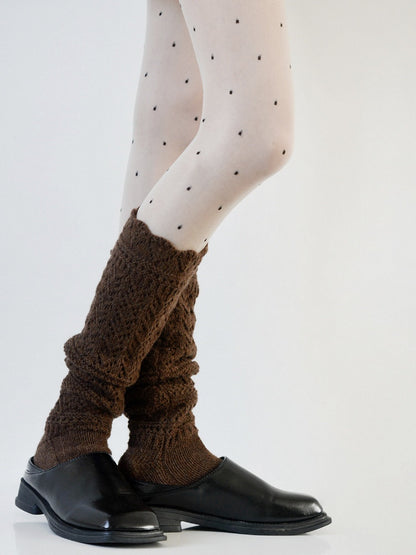 White Polka-dot Pattern Tights + Brown Calf Socks Set