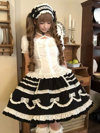 Black & White Bow Lace-Trimmed Skirt - Hana Studio