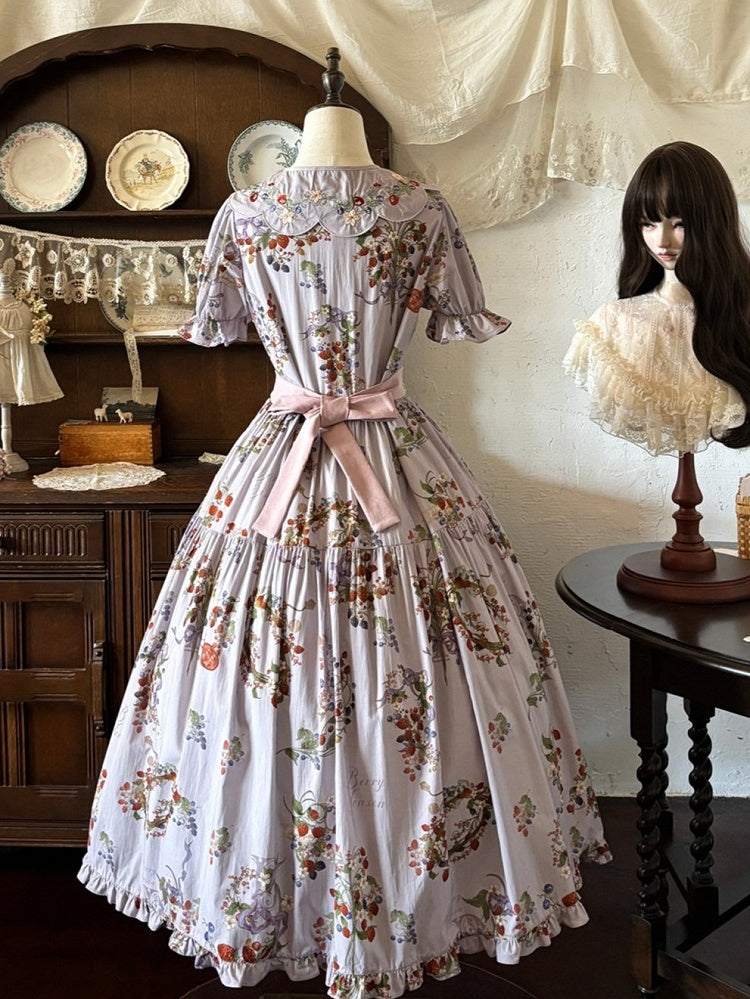 Purple Berry-Themed Floral Dress with Waist Belt and Collar Accessory - Zoncel