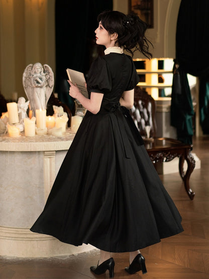 Elegant Neckline Beige Dress Waist One Piece Ruffle Sleeves Short Lolita Slim Black