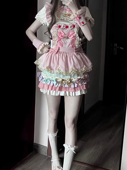 Kawaii Pink 3D Horse Embroidery Short Sleeve Blouse with Bow Layered Ruffle Skirt Set - Sweet Dream Box