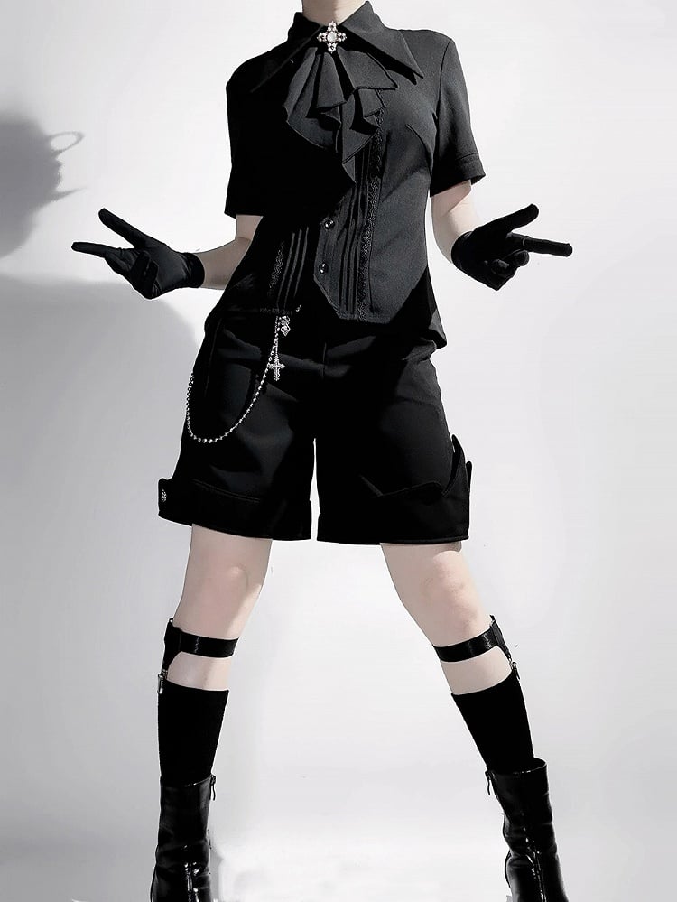 ジャボ ロリータ カラー ブラック フォールドオーバー ショート ファッション スリーブ シャツ 尖った王子