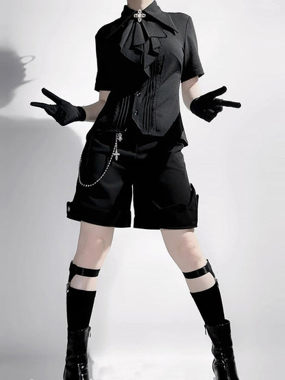 ジャボ ロリータ カラー ブラック フォールドオーバー ショート ファッション スリーブ シャツ 尖った王子