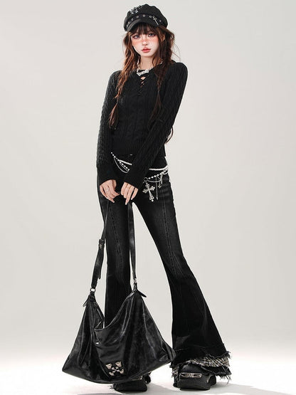 ブラックチェック柄パッチワークカフスフィッシュテールジーンズ