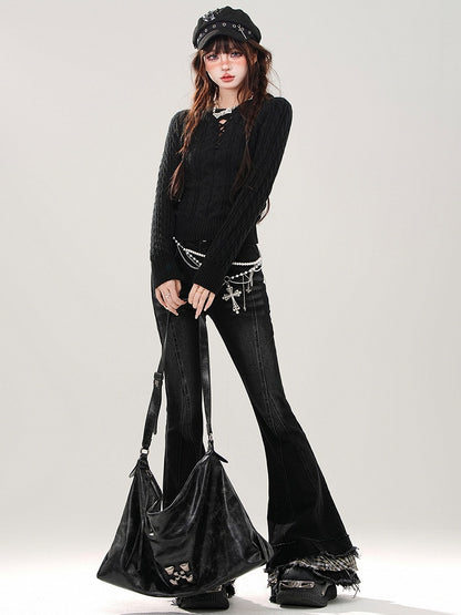 Fischschwanz-Patchwork-Karierte schwarze Bündchenjeans