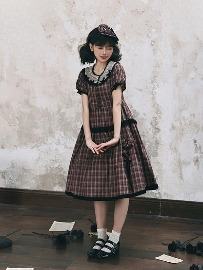 Black Plaid Dress Rose Trim Red Classic Elegant Lolita with Embroidery Short and Sleeves