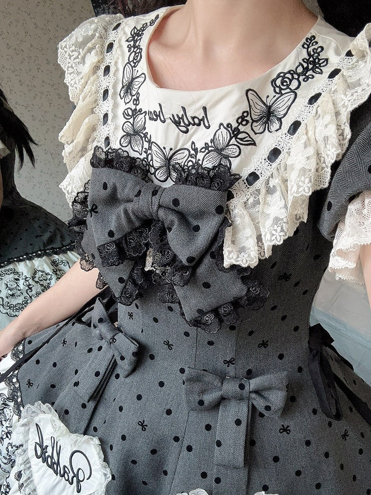 Gray Dot Sweet Lace-Trimmed Pattern Rabbit Dress Appliques with Polka Lolita Sweetheart