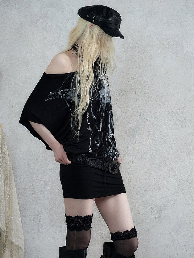 Asymmetrical Batwing Sleeve Black Bodycon Dress with Wing Print - NO ROMANCE