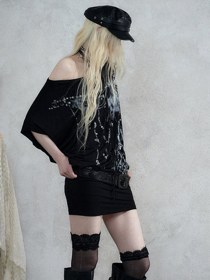 Asymmetrical Batwing Sleeve Black Bodycon Dress with Wing Print - NO ROMANCE