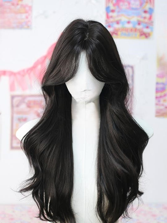Wig Long Wavy Black/Brown Curtain Bangs