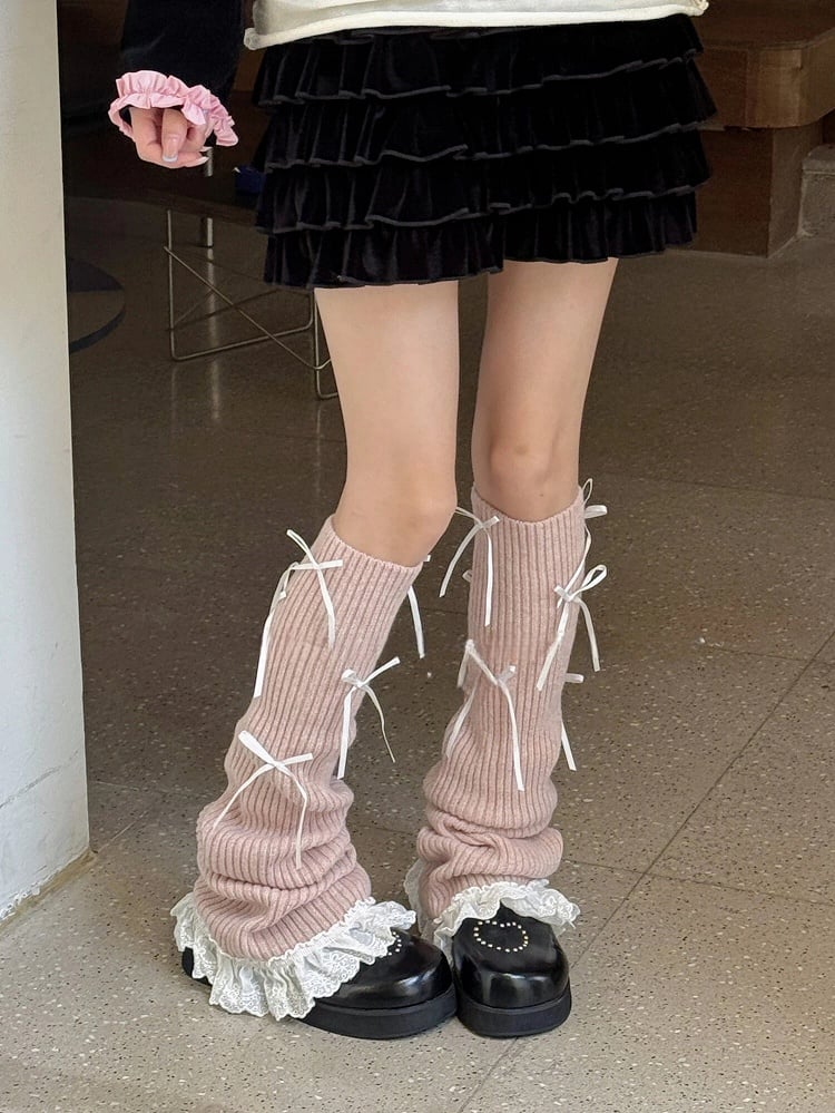 Ties Leg Bow Lace with Ribbed Warmers Trim
