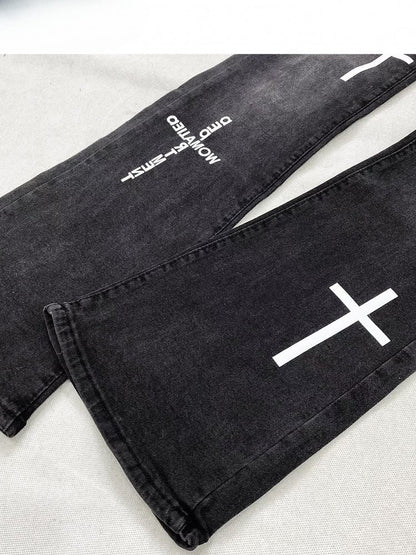 フレアブラックウィングプリントY2Kジーンズとシルエットクロス