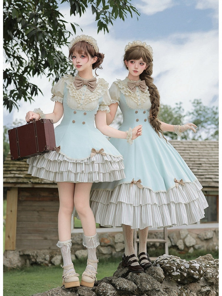 Puff-Sleeve Long Lolita Dress in Beige and Blue with Scalloped Hem and Butterfly Bows - With PUJI