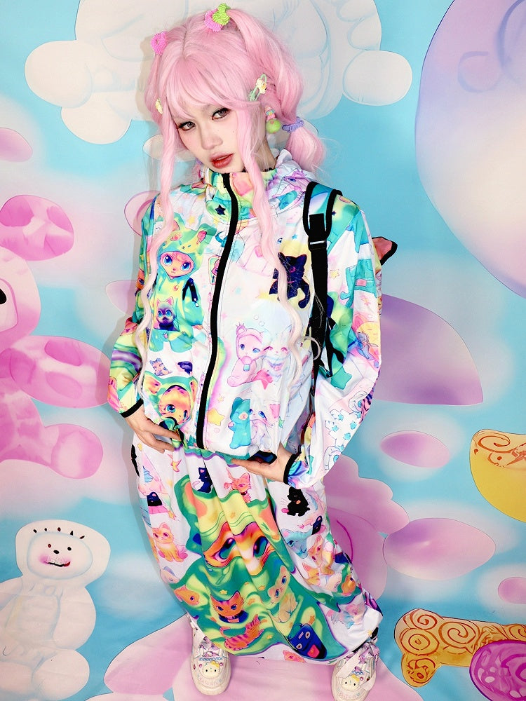 Y2K Hoodie Green Jacket Print Sun Cat Protection