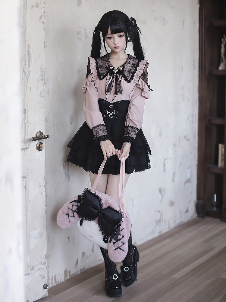 Schwarze Schulter Kei Pink mit Kragen Spitze Ausschnitte Spitze Bluse Jirai Gothic