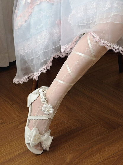 Sweet Lolita Summer White Low Heel Sandals with Flower Bow - Sheep Puff