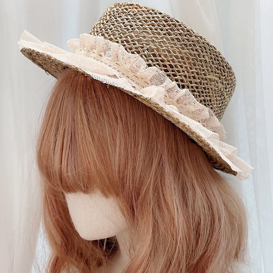 Decorated Lace Straw Hat Beige Trim Bowknot