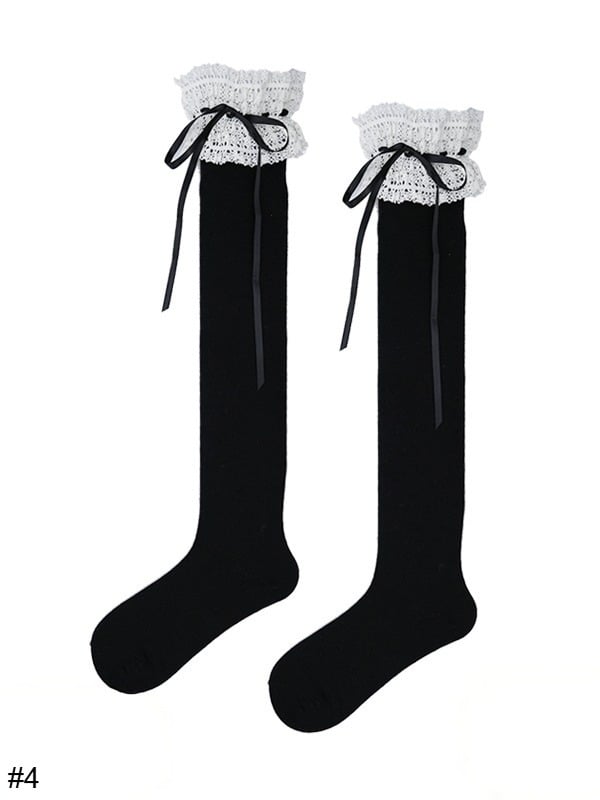 Lace Trim Overknee Stockings with Bowknot Details in 4 Options - ModaSwings