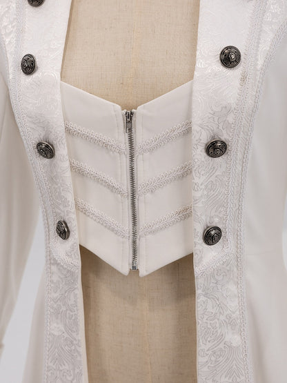 White Jacquard Coat with Zip Closure, Lace-Up Back, and Cutout Detail - DevilInspired Exclusive Collection