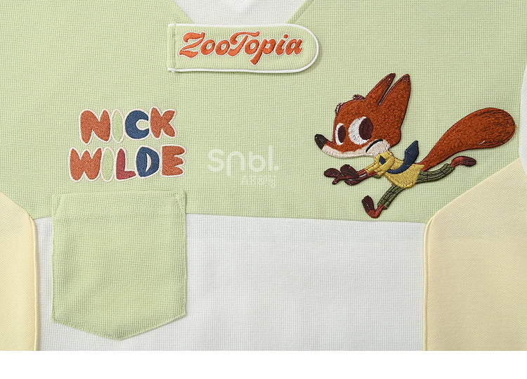 ズートピア ニックグリーン Vネック カラーブロック デザイン Tシャツ