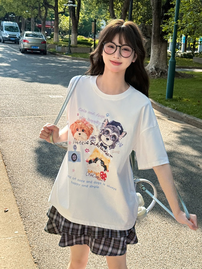 ホワイト/ブラック/ダークブルー ラウンドネック 子犬と子猫プリント ルーズTシャツ