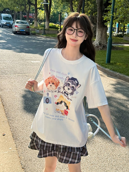 ホワイト/ブラック/ダークブルー ラウンドネック 子犬と子猫プリント ルーズTシャツ