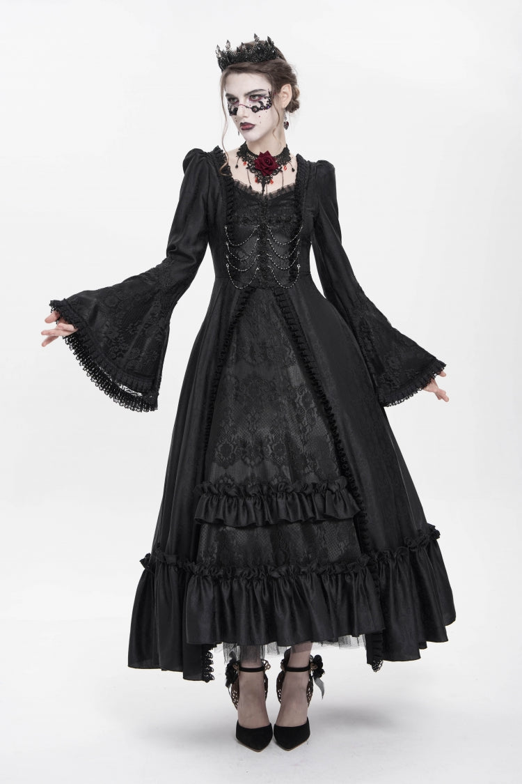 Black Long Sleeve Floral Embroidery Lace-Up Pleated Gothic Dress