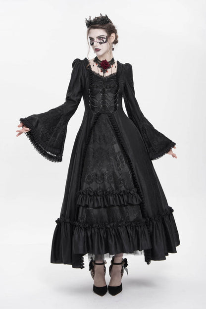 Black Long Sleeve Floral Embroidery Lace-Up Pleated Gothic Dress