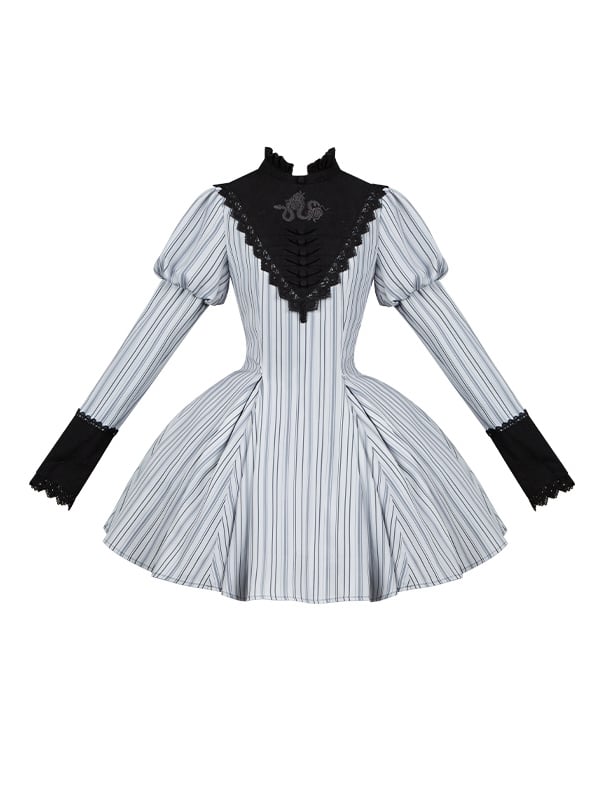 Hellgraues gestreiftes Nonne-Juliette-Ärmel-Stehkragen-Gothic-Lolita-Kleid, kurze Version
