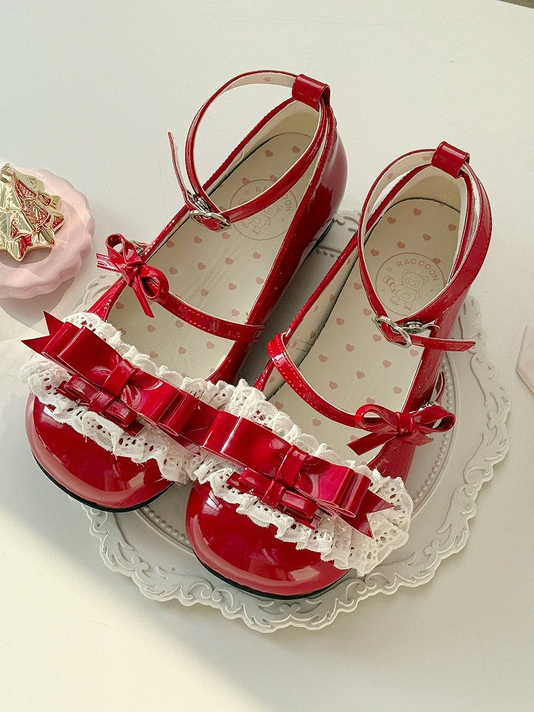 Sweet Low Delicate Leather Lolita Ruffled Heels Fastener Heart Red PU Lace - with