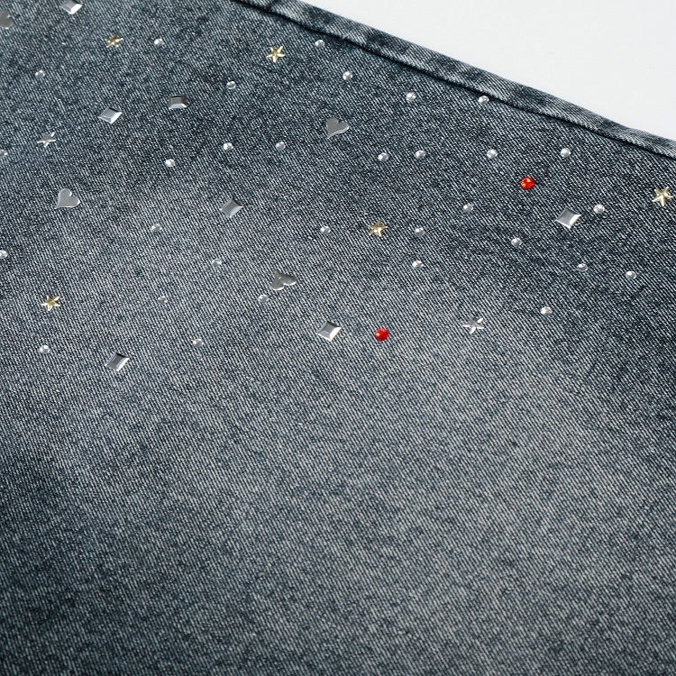 Washed Blue Cropped Wide Leg Rhinestone Jeans - Languid Park