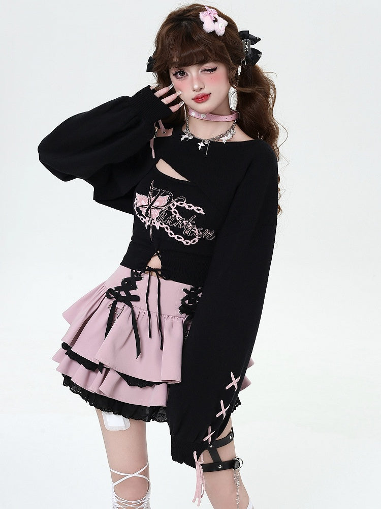 Shrug Knit Criss-cross Spicy Lace-Up Black Sweet Tank Set: Cropped Top