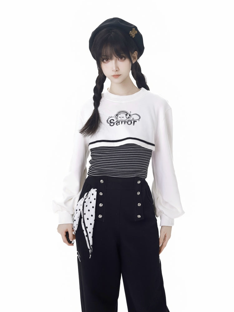 Gestreiftes Oberteil mit Welpen-Print und kurzem Sweatshirt-Set