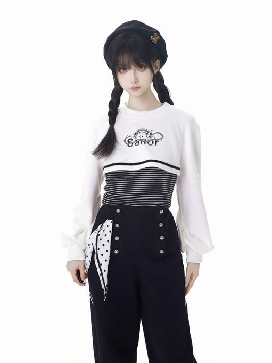 Gestreiftes Oberteil mit Welpen-Print und kurzem Sweatshirt-Set