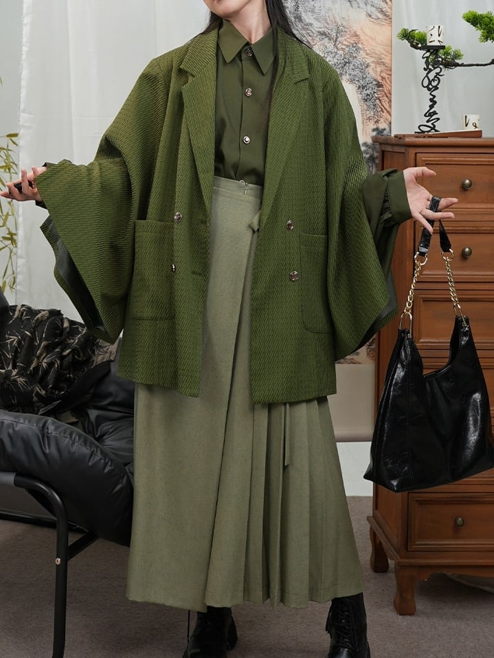 Blazer Front Slit Cuff Green Style Unisex Notched with Design Collar - Chinese Double-Breasted