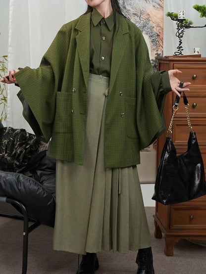 Blazer Front Slit Cuff Green Style Unisex Notched with Design Collar - Chinese Double-Breasted