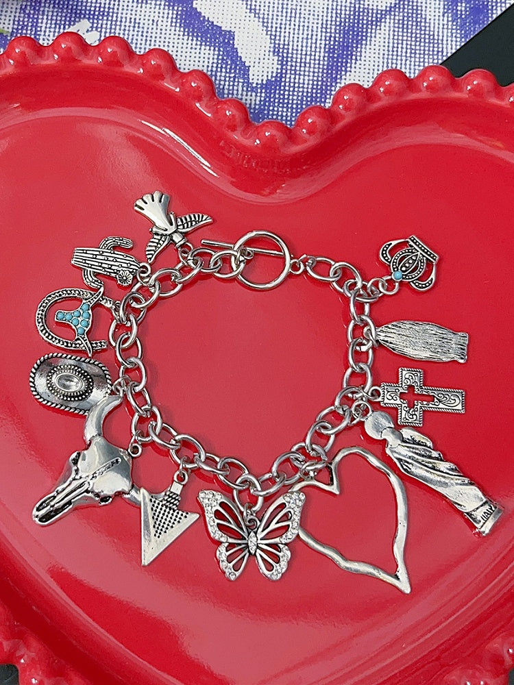 ブレスレット Y2K シルバー/レッド＆バタフライクロスハートチャーム