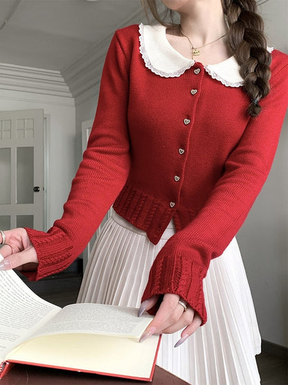 Red Knit Peter Pan Collar Cardigan with Lace - Qchiwawameme