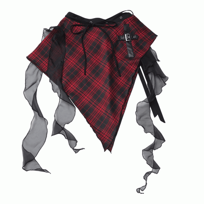 and Waist Accessory Handkerchief Hem Cascading Ruffles Black Plaid Red